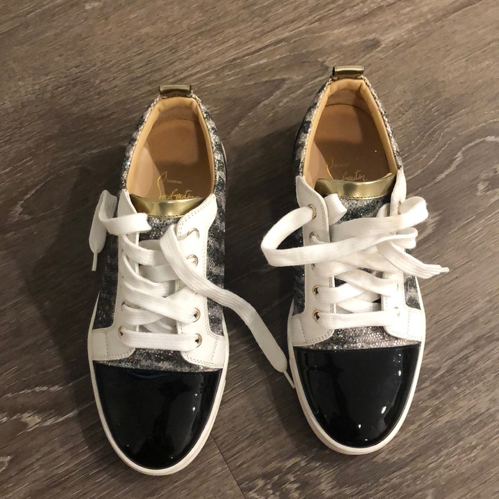 Women Christian Louboutin black, gold and gray sparkle sneaker